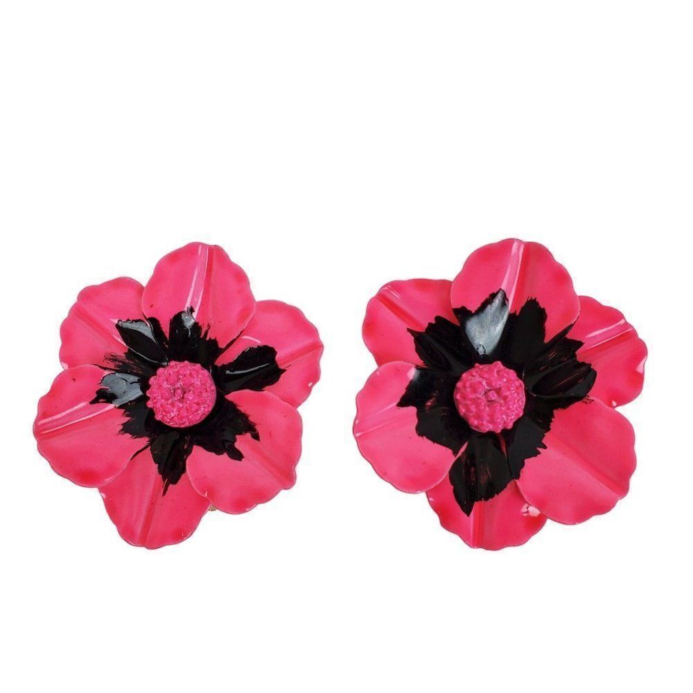 Vtg Neon Pink Black‎ Enamel Flower Floral Chunky Big Clip On Gold Tone Earrings